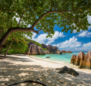 plage de sable aux Seychelles